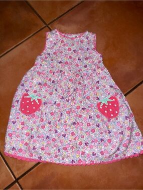 JoJo Maman Bebe Pink Floral Dress with Strawberry Patch Pockets